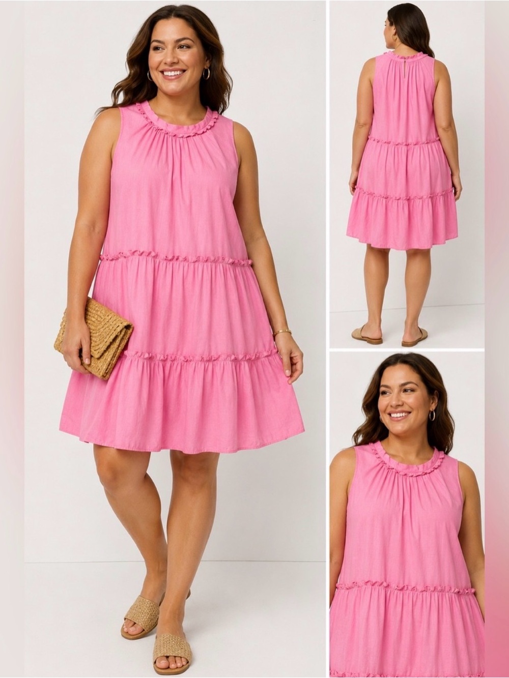 Vince Camuto Pink Linen Blend Tiered Ruffle Dress Size 16